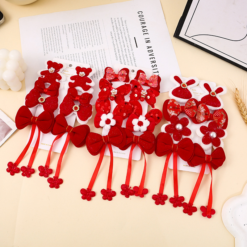 New Year hairpin set, festive red edge clip, little girl bangs bow, New Year greeting headwear, children's broken hairpin details Picture