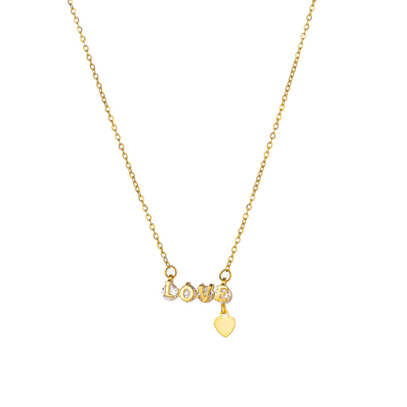 "love letter diamond-encrusted titanium steel necklace, women's heart-shaped tassel pendant, niche internet-famous light luxury collarbone chain accessory wholesale. Item Picture