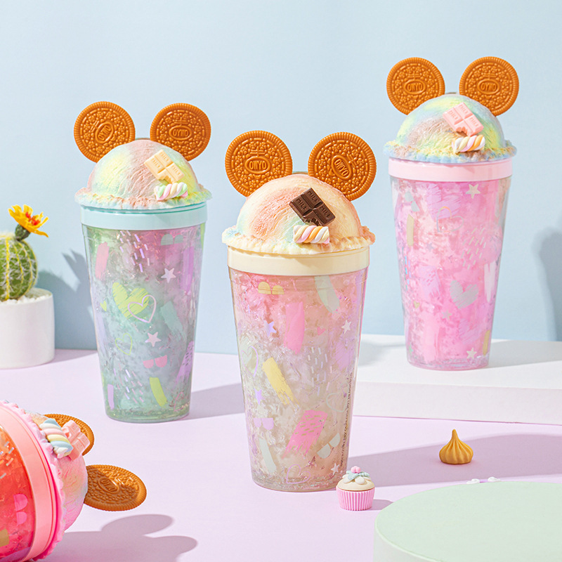 Mickey Ice Cup Summer Creative and cute gradient color water cup Plastic double-layer portable home and office straw cup full figure