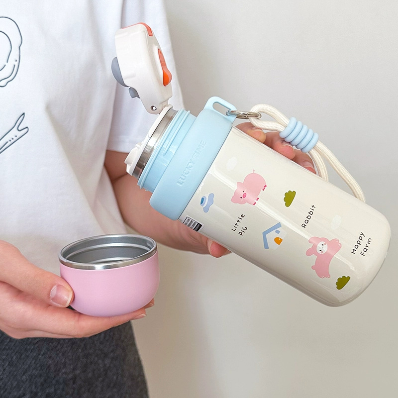 A dual-purpose cartoon insulated cup with a lid, cute for girls, a drawstring water cup, portable for students, and a stainless steel cup with a high level of appearance Application Scenario