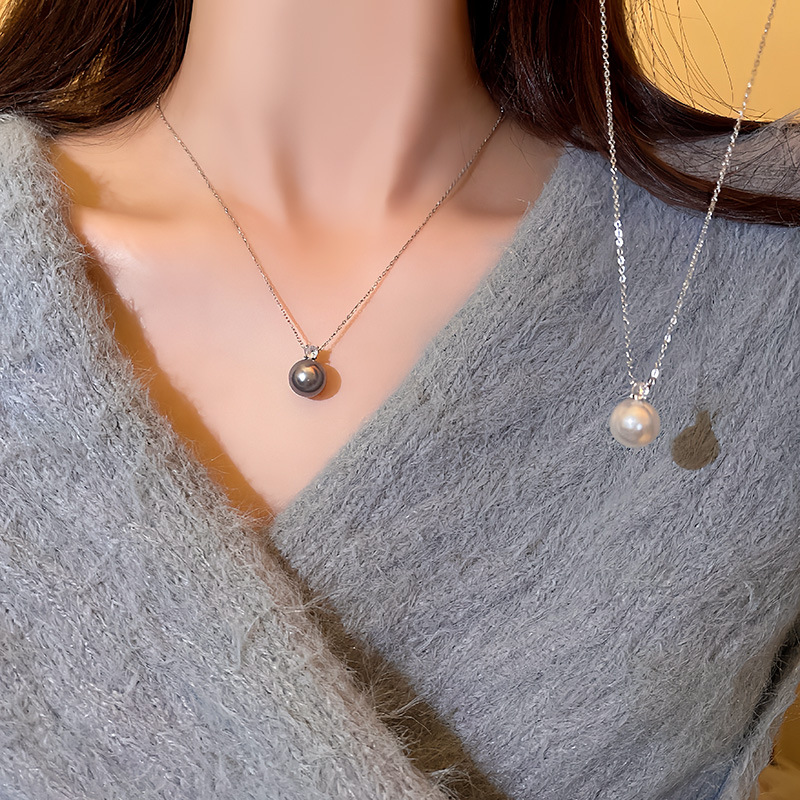 Grey pearl necklace for women, light luxury, niche and high-end, simple autumn and winter zircon pendant, collarbone chain, sweater chain accessory Specification drawing