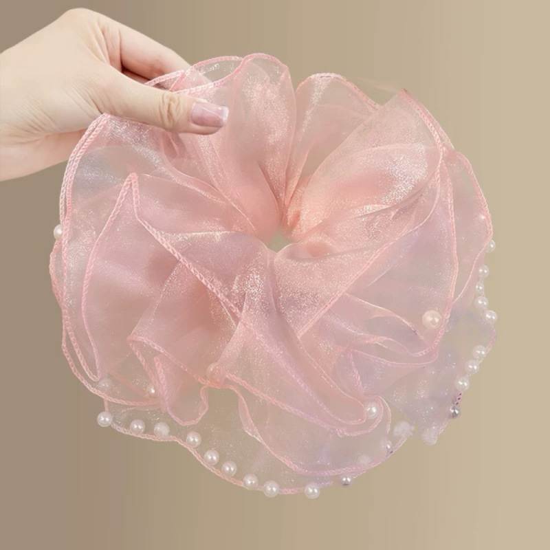 Moonlight Ripples ~ Pearl Mesh Large Intestine Hair band for Women, French high-end style, versatile gentle hair tie, Oversized headwear Specification drawing