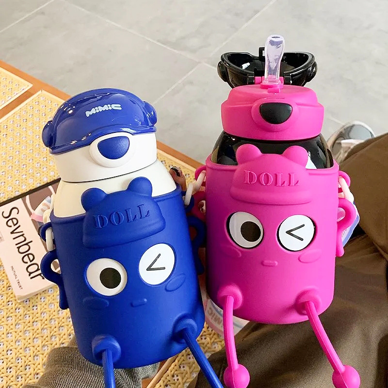 Cute children's insulated cup, big eye expression cartoon straw cup, portable girls' gift, anti-drop stainless steel water cup full figure