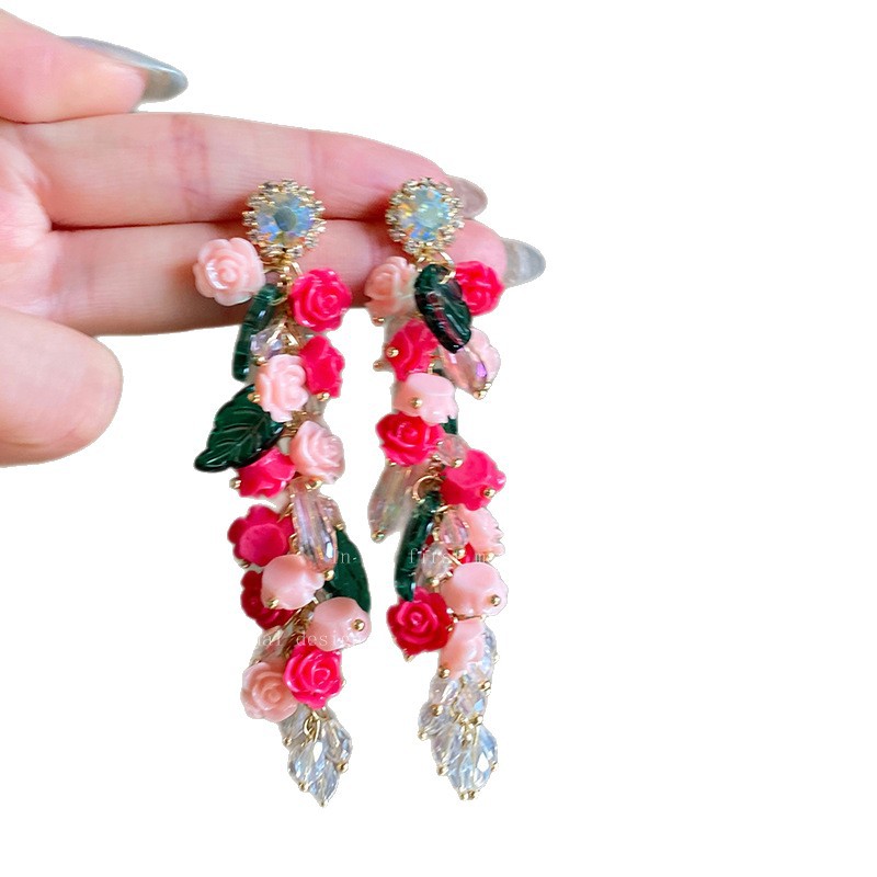 Stepping into a sea of flowers, retro flower zircon earrings, women's summer niche design, high-end earrings, exaggerated tassel earrings Item Picture