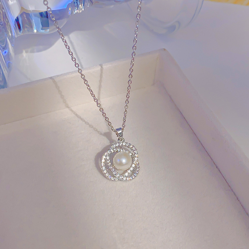 Korean style zircon pearl necklace, women's camellia full diamond collarbone chain, titanium steel high-end accessory Specification drawing