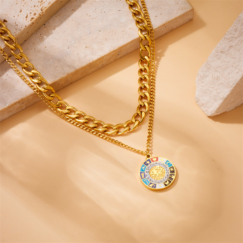 European and American cross-border gold-plated stainless steel round plate oil-drip printed pattern pendant chain double-layer stacked personalized necklace Specification drawing