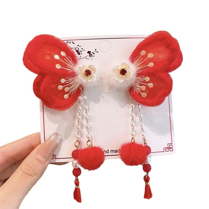 New Year's children's red bow hairpin with plush tassels on the edge, girls' festive New Year headwear Item Picture