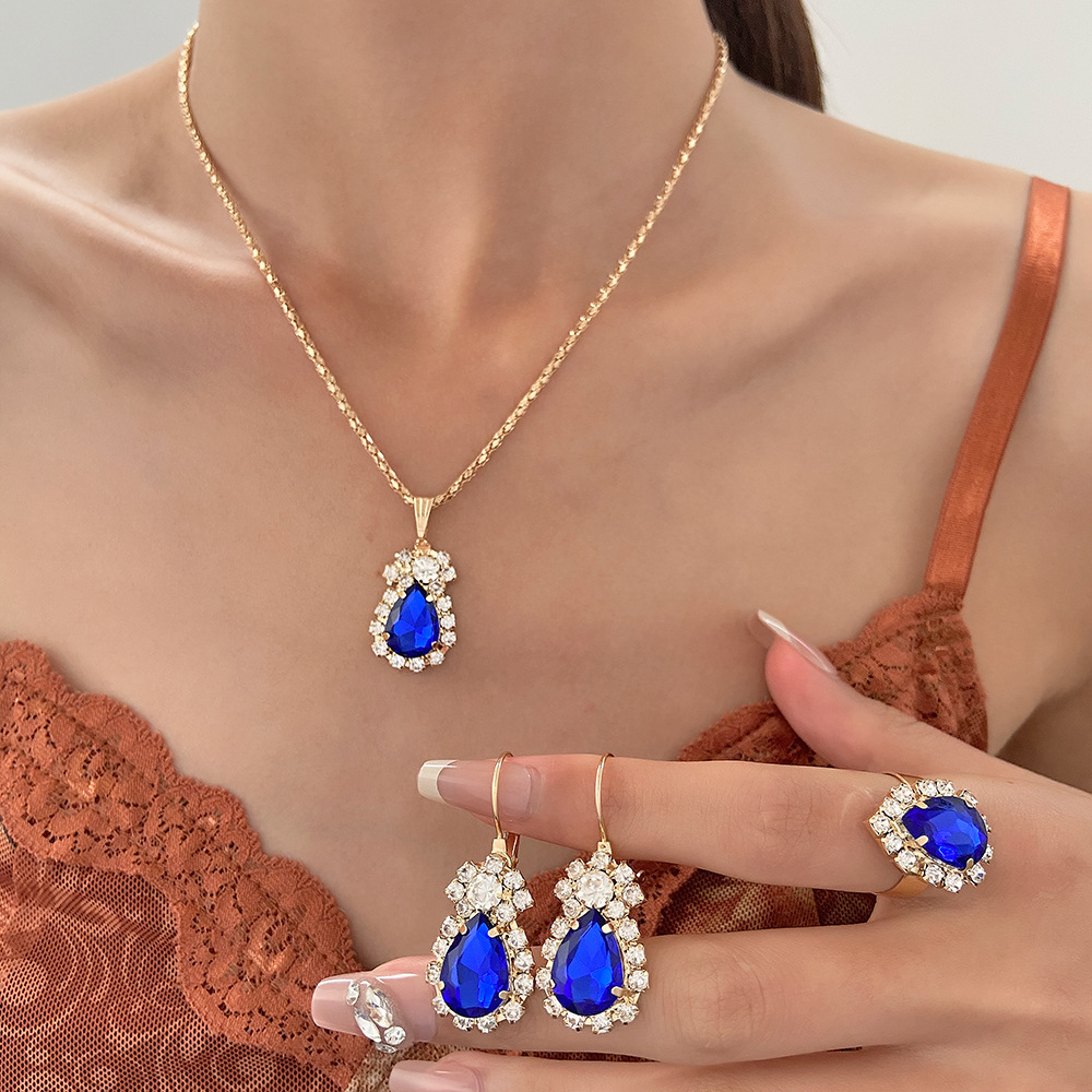 European and American ins water drop jewelry set, personalized and fashionable colorful water diamond necklace, earrings and ring set, bridal accessories details Picture