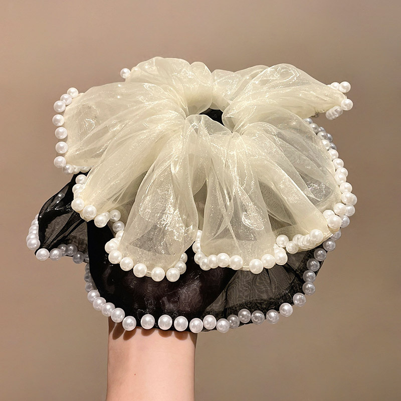 French Hepburn style pearl flower hair bands, high-end mesh large intestine hair ties, adult women tied in ponytails, popular hair ties and hair accessories details Picture