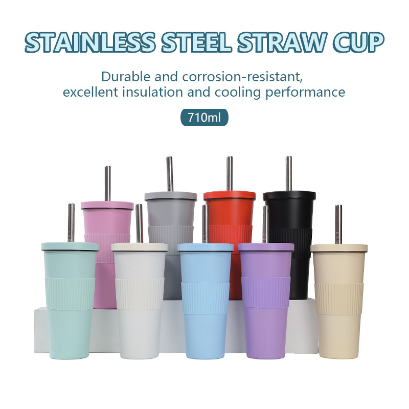 Cross-border factory direct supply 304 stainless steel insulated cups, women's high appearance level bubble milk tea cups, simple solid color water cups details Picture