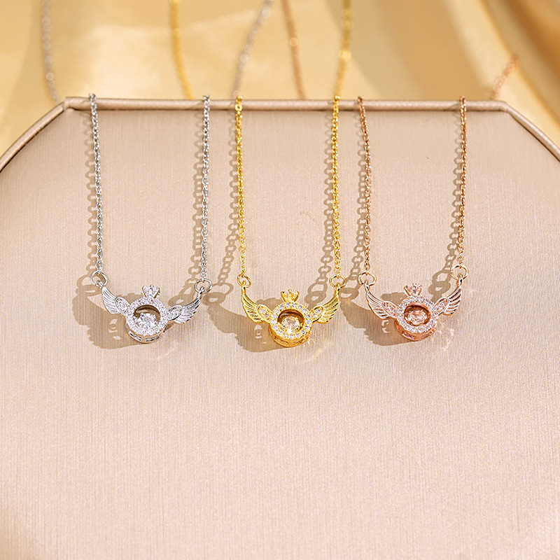 Angel Wings Dynamic Crown Necklace, Women's Wing Pendant, Fashionable and light luxury collarbone chain, Real gold electroplated high-end accessory full figure
