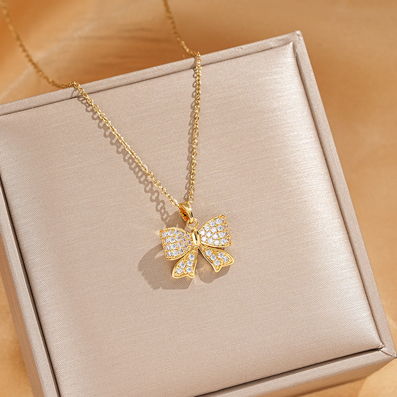 Bow series titanium steel necklace for women, zircon inlaid, popular collarbone chain, fashionable, versatile and high-end accessory wholesale Specification drawing