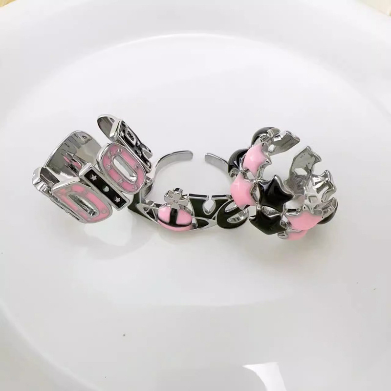 Super sweet star pink and black dual-color oil drop adjustable index finger ring, a niche design for women, sweet and cool, versatile ring for hot girls full figure