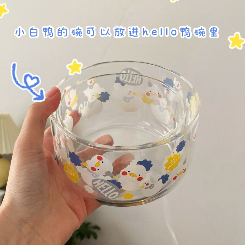 Korean ins Little Duck high borosilicate heat-resistant glass bowl cartoon printed breakfast tableware set can be microwaved Application Scenario
