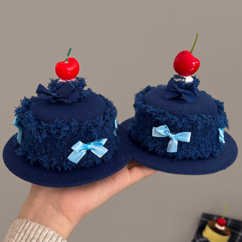 It can be lit! Cream cake, denim bow, cherry birthday hat, candle hairpin, cute girl hat headwear full figure