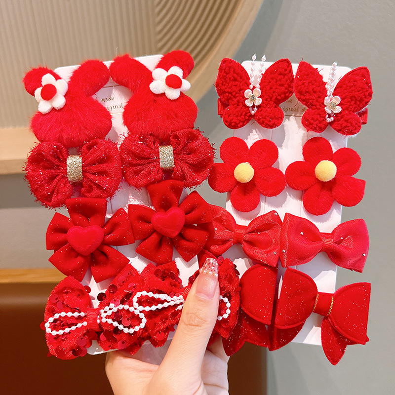 Children's red New Year hair accessories, girls' New Year hair clips, baby ancient-style bow hair clips, Chinese-style Hanfu headwear details Picture