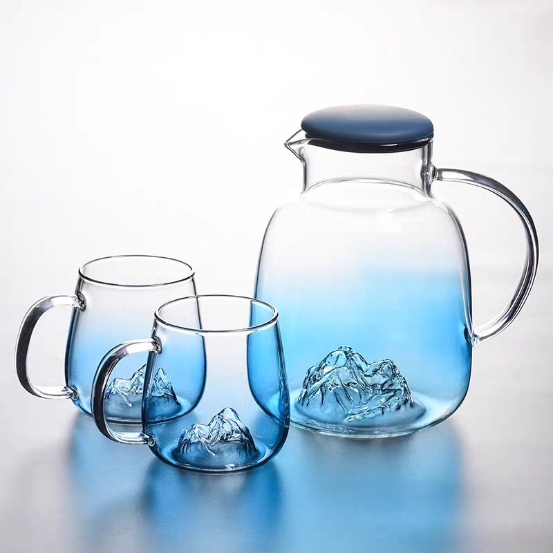 Gradient color cold water kettle, high borosilicate glass water kettle, household large-capacity cold water kettle set, gradient blue flower teapot Specification drawing