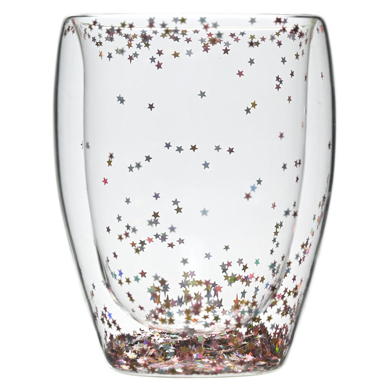 Double-layer glass quicksand cup, high borosilicate glass double-layer sequined cup, breakfast milk coffee cup, household drinking water cup Item Picture