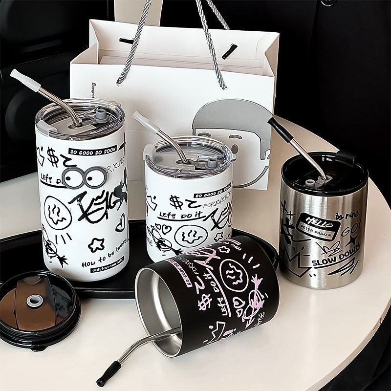 Creative portable double-layer graffiti coffee cup, office girls' straw cup, outdoor stainless steel water cup, household cup Application Scenario