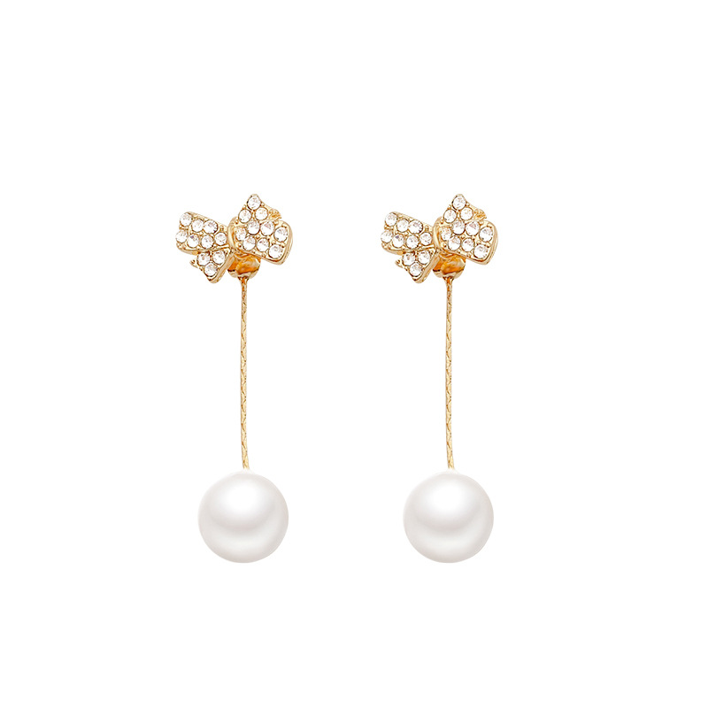 Light luxury and exquisite zircon bow earrings for women, a pair of pearl stud earrings with a unique and versatile style Item Picture