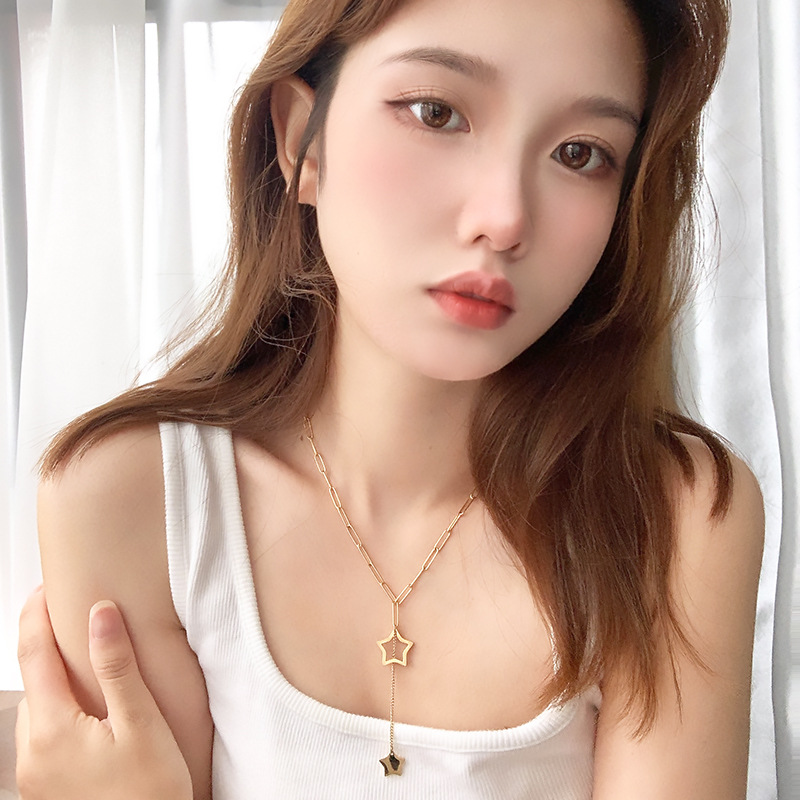 European and American fashionable titanium steel necklace, long collarbone chain with star tassels, niche design sense, trendy and versatile accessories details Picture