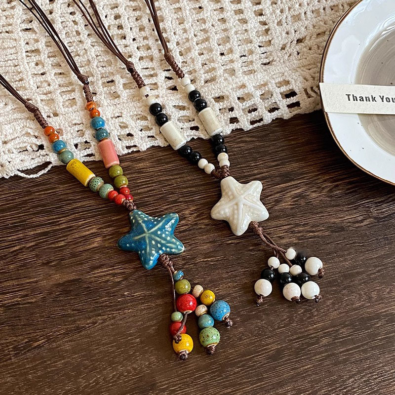 Bohemian-style ceramic starfish beaded necklace for women, retro ethnic style seaside vacation woven rope long accessory details Picture