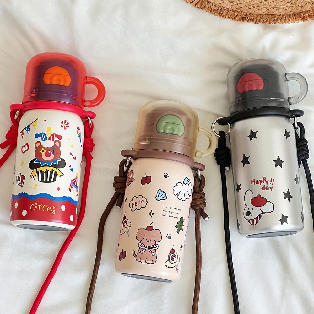 Cartoon three-drink insulated cup, 316 stainless steel vacuum straw water cup, outdoor portable double-layer student schoolbag cup details Picture
