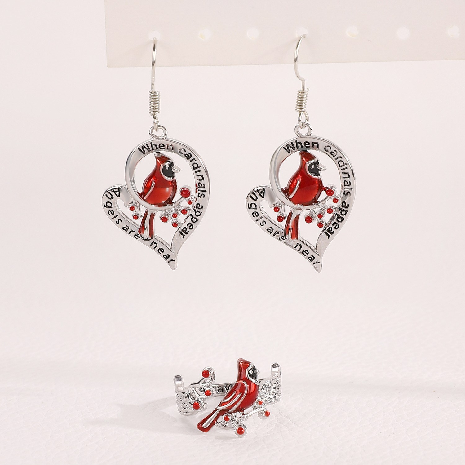European and American cross-border personalized Redbird heart-shaped earrings and rings set, women's fashion jewelry three-piece set, Amazon temu details Picture