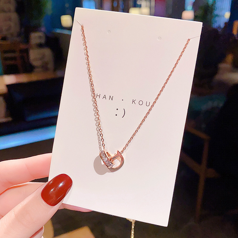 Korean 18k rose gold DO double ring necklace, exquisite small square zirconium collarbone chain, popular Internet celebrity, niche design sense necklace details Picture
