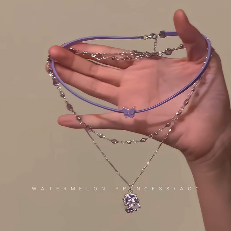 Purple Butterfly Flower multi-layer layered necklace, sweet and cool female style, high-end purple collarbone chain chocker necklace accessory full figure