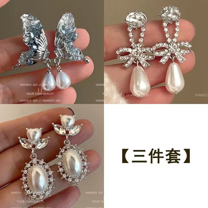 Silver needle butterfly stud earrings, pearl 2024 new light luxury earrings, French style, high-end and niche design earrings for women Specification drawing