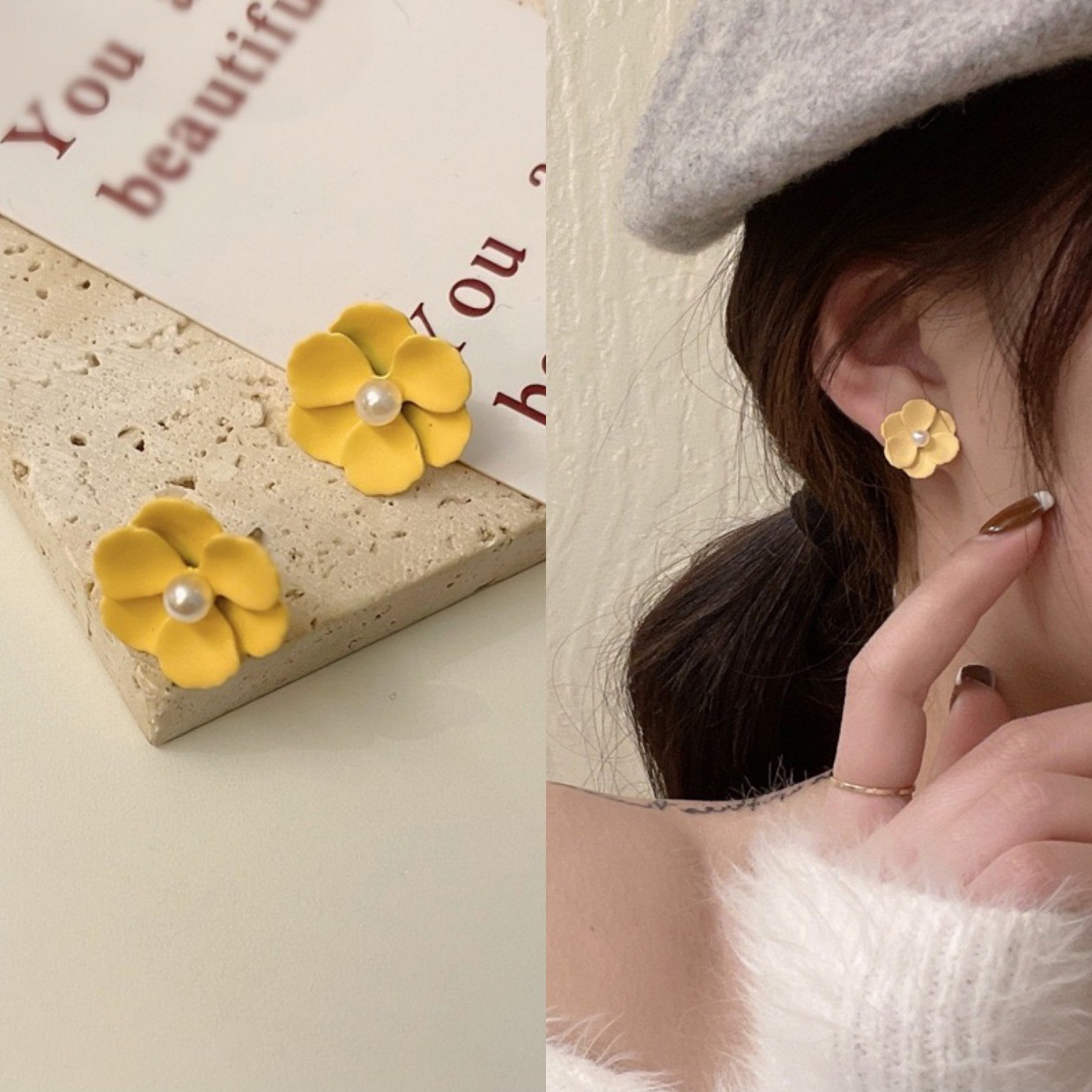 Korean version yellow flower stud earrings for women, 2025 summer new pearl earrings, gentle forest-style girl earrings wholesale details Picture
