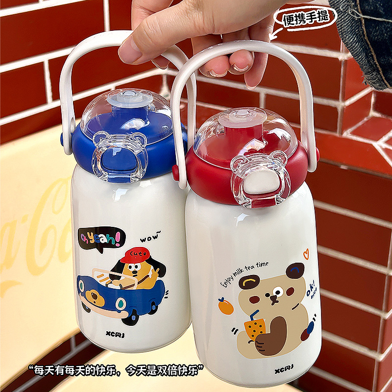 Cute new children's insulated cup, high appearance level student portable hand-held water cup, 316 stainless steel double-drinking straw cup Specification drawing