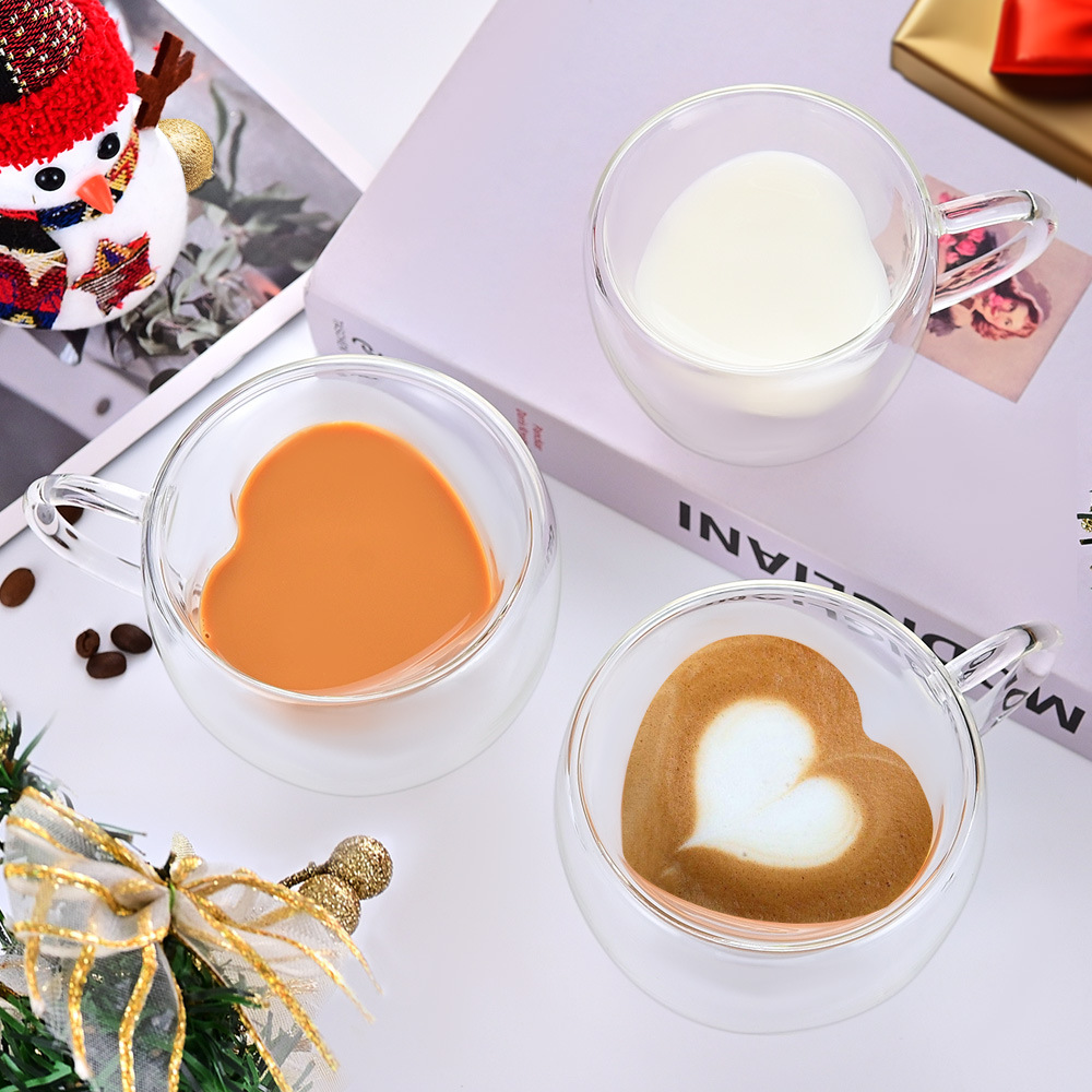 Cross-border coffee cup set with spoon for home afternoon tea, heart-shaped glass water cup, high borosilicate double-layer glass cup details Picture