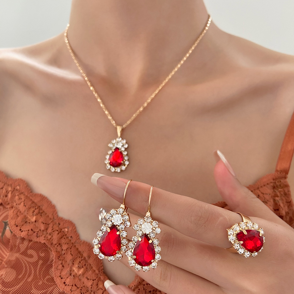 European and American ins water drop jewelry set, personalized and fashionable colorful water diamond necklace, earrings and ring set, bridal accessories full figure