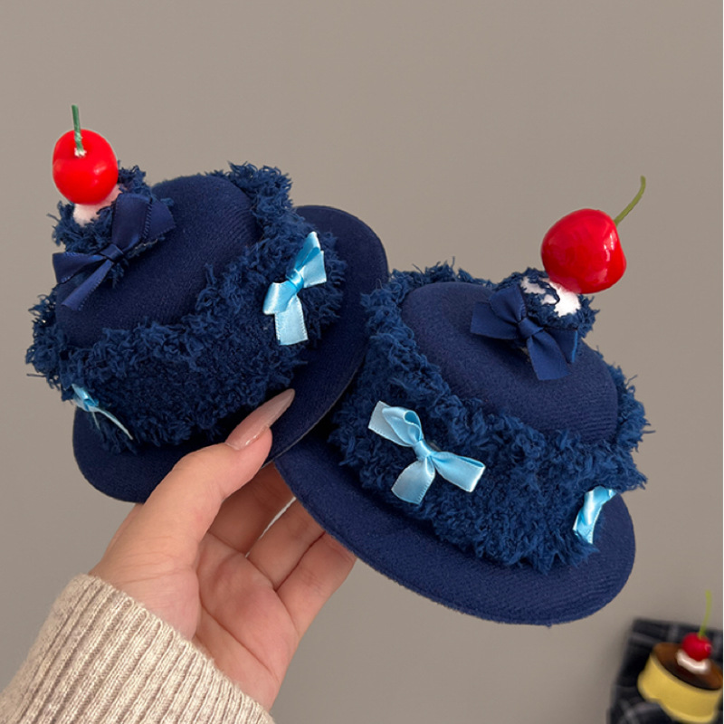 It can be lit! Cream cake, denim bow, cherry birthday hat, candle hairpin, cute girl hat headwear details Picture