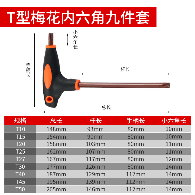 T-shaped hex socket wrench set, cross-shaped screwdriver, center hole pattern, inner six-hole, single T15, T30, heart shape undefined