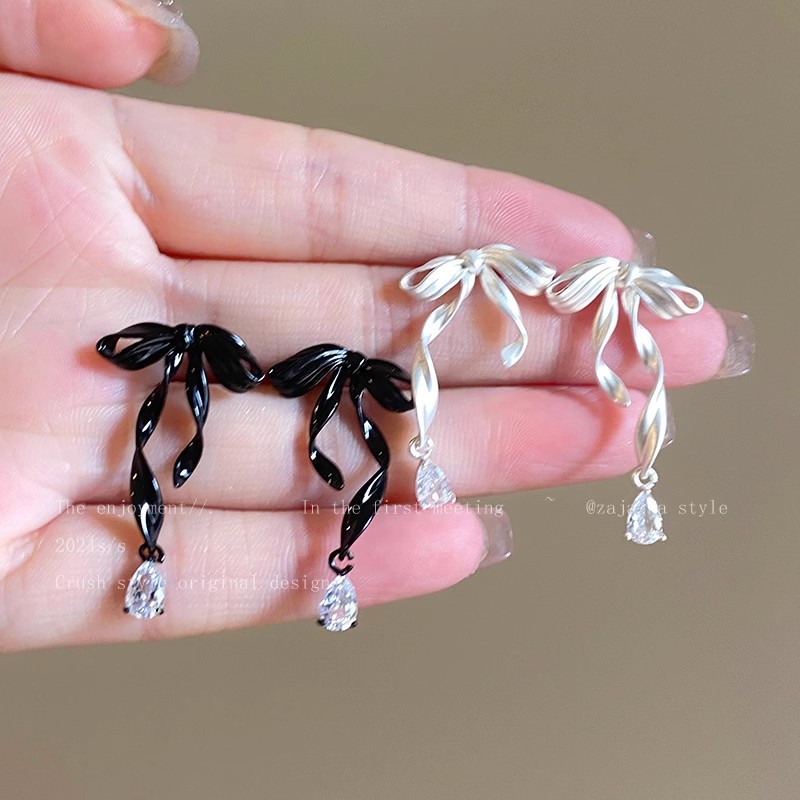 925 silver needle bow ribbon stud earrings for women, sweet and elegant, cold style earrings, elegant and high-end, internet-famous earrings details Picture