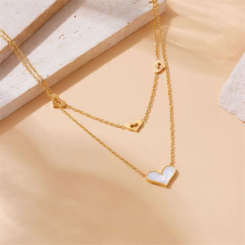 Korean style, simple and elegant, shell heart hollowed-out pendant, stainless steel chain, double-layer stacked gold-plated necklace details Picture