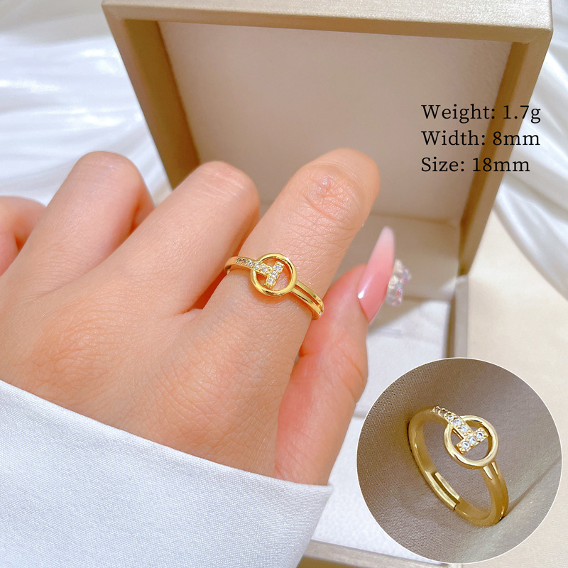 【 Real Gold 】 Round T-shaped small ring with adjustable opening, simple Japanese-style bracelet, couple rings full figure