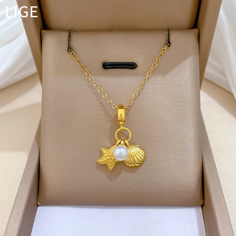 【 Titanium Steel 】 Shell, star, pearl, light luxury, elegant, full diamond necklace, versatile collarbone chain, titanium steel chain for women full figure