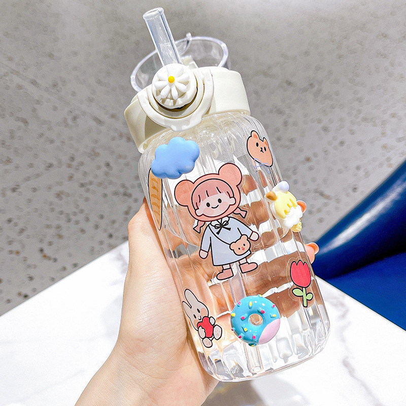 Glass straw cup, ins style creative vertical pattern forest-themed fresh water cup, portable leak-proof, high-temperature resistant, pop-up lid, portable cup Application Scenario