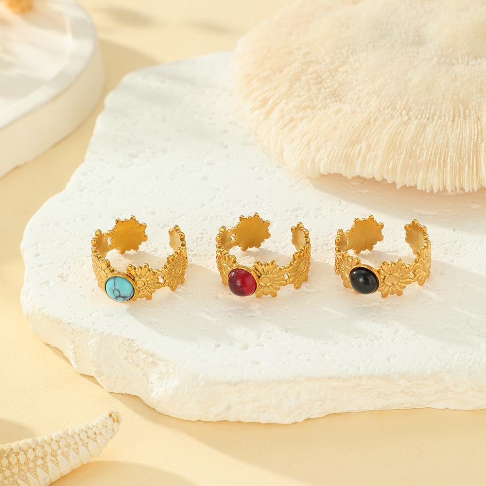 French retro flower multi-color stone jewelry design, exquisite and versatile design, open stainless steel ring for women Specification drawing