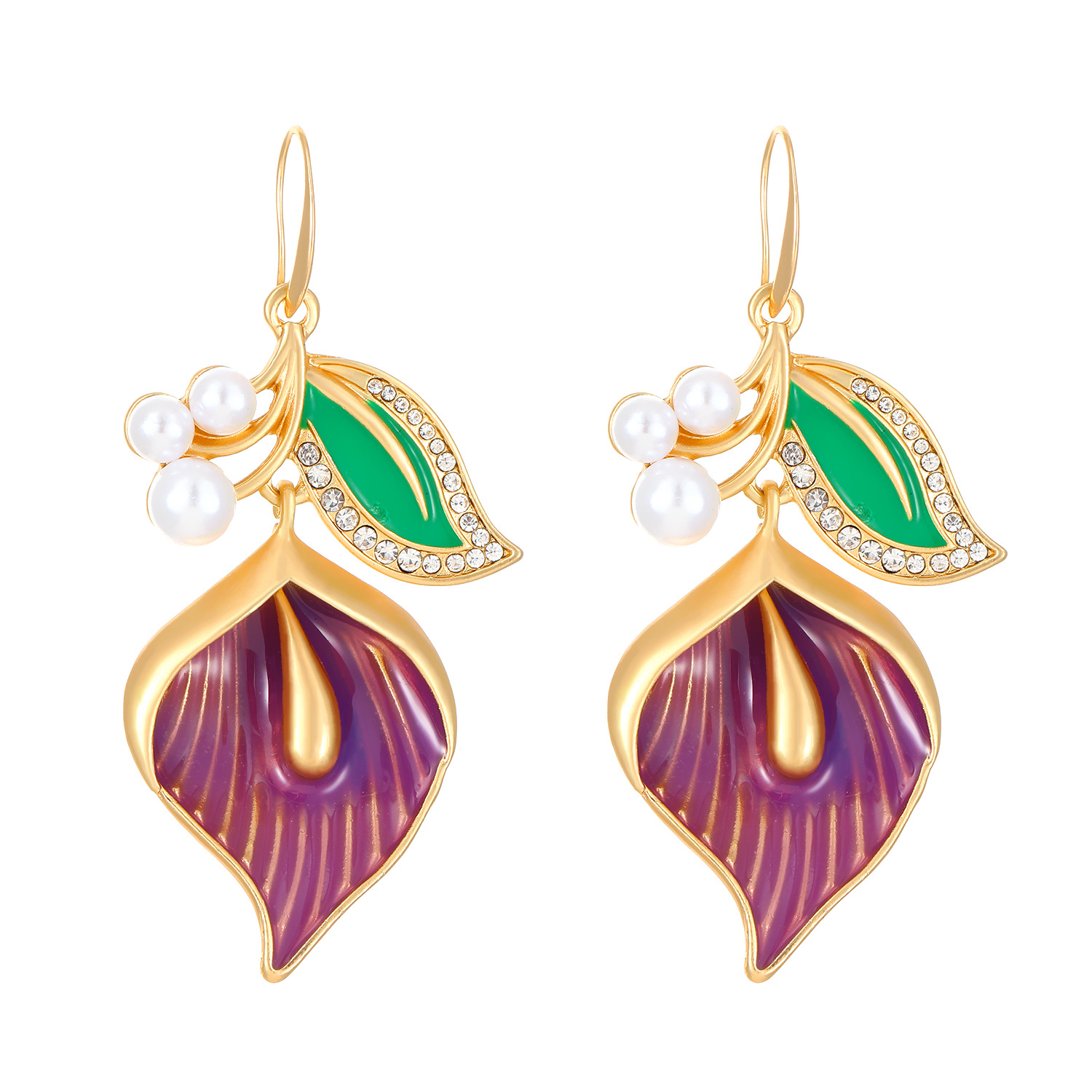 European and American fashion pearl calla lily flower earrings, enamel drop glaze, light luxury and high-end earrings, women's medieval court Item Picture