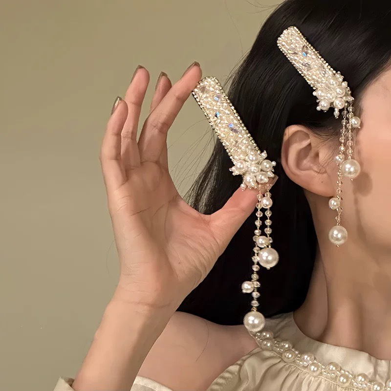 Heavy industry full-diamond light luxury exquisite pearl hair clip, new Chinese-style fringed side hair accessory, 2025 new style side hair clip full figure