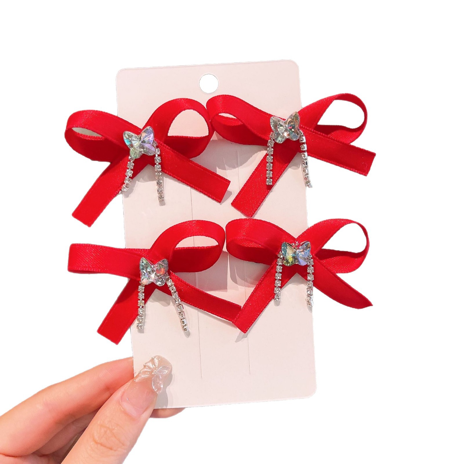 Children's water diamond tassel mini hair clip, red festive clip, elegant bow, sparkling diamond chain, small hair clip and hair accessory Item Picture