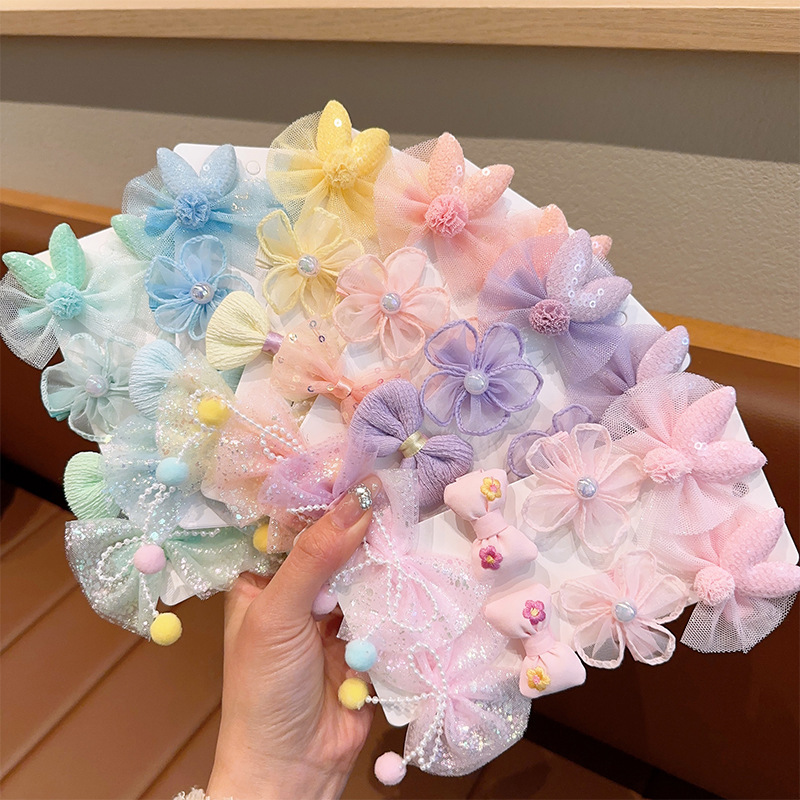 Children's mesh bow hair clips, princess super fairy fabric flower clips, girls' broken bangs without damaging hair hairpins Specification drawing