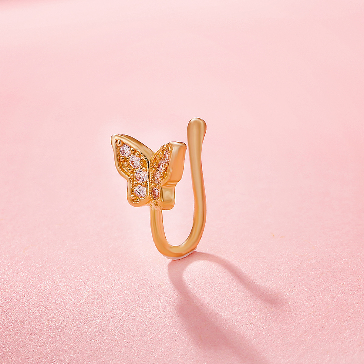 Cross-border European and American butterfly non-perforated nose clip, fashionable and individual copper-inlaid zircon U-shaped fake nose ring, nose decoration puncture accessory Specification drawing