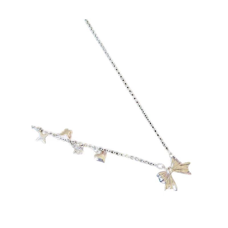 Tassel heart-shaped bow necklace for women, 2025 new style, sweet and versatile, collarbone chain, cold style and simple necklace accessory Item Picture