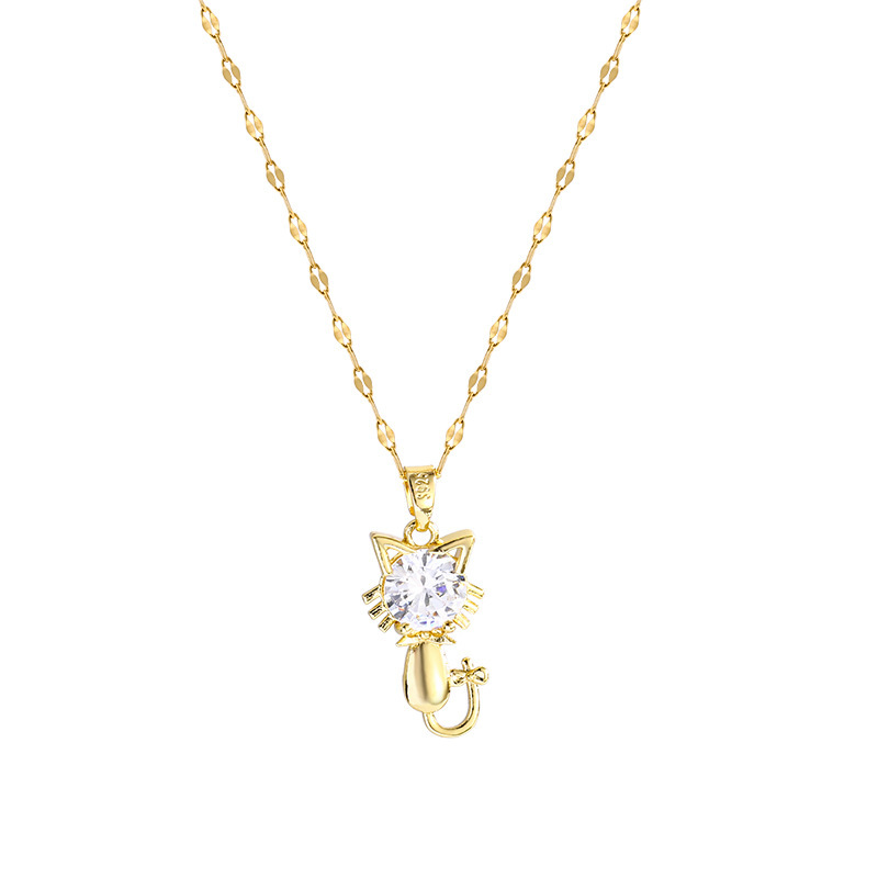 Ins-style cute little cat pendant, titanium steel necklace, super flash zircon, versatile collarbone chain, niche girl accessories Item Picture